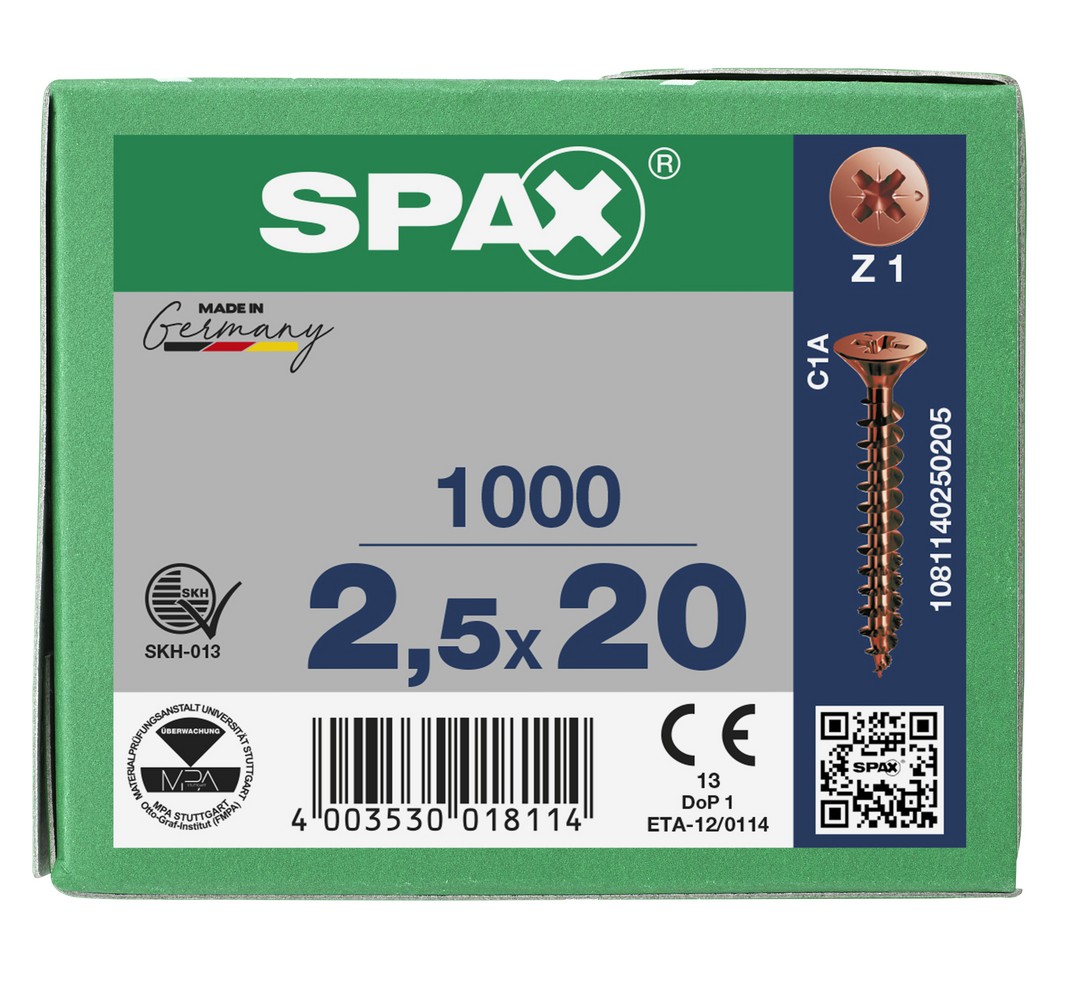 SPAX Tornillo universal, 2,5 x 20 mm, 1000 unidades, Rosca completa, Cabeza plana, Ranura en cruz Z1, Punta S, bronce