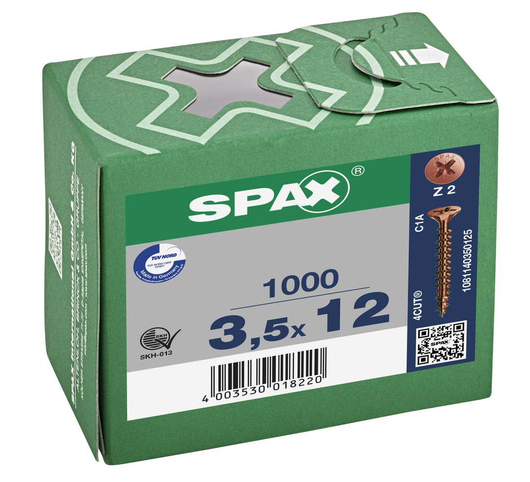 SPAX Tornillo universal, 3,5 x 12 mm, 1000 unidades, Rosca completa, Cabeza plana, Ranura en cruz Z2, 4CUT, bronce