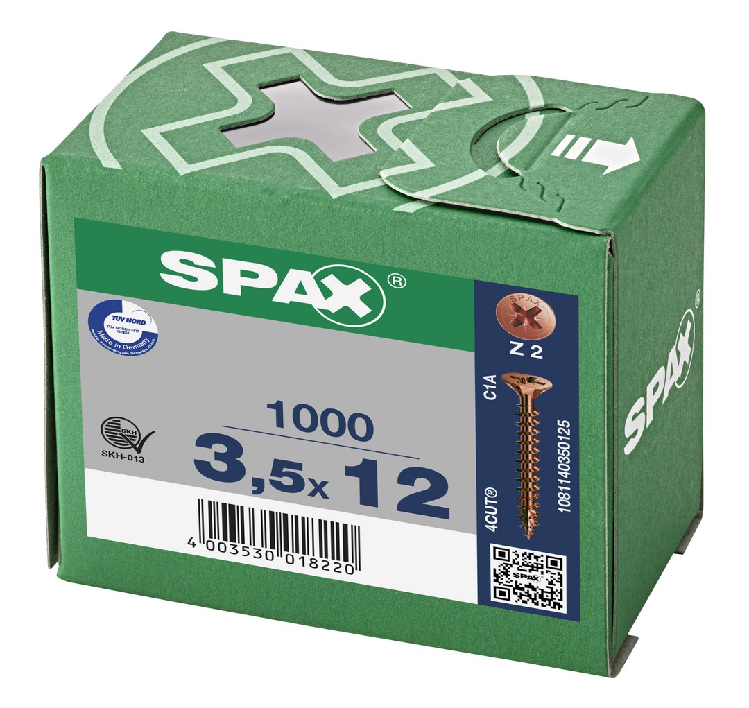 SPAX Tornillo universal, 3,5 x 12 mm, 1000 unidades, Rosca completa, Cabeza plana, Ranura en cruz Z2, 4CUT, bronce