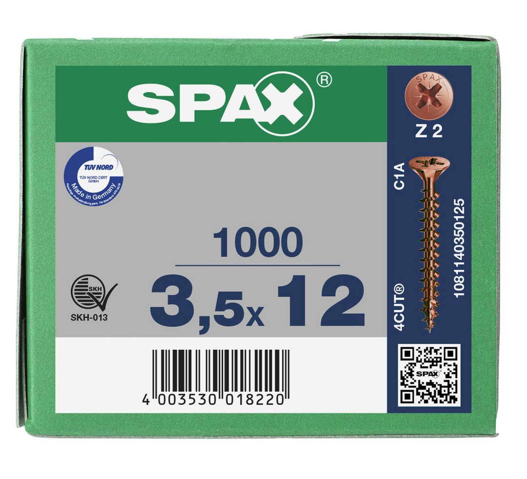 SPAX Tornillo universal, 3,5 x 12 mm, 1000 unidades, Rosca completa, Cabeza plana, Ranura en cruz Z2, 4CUT, bronce
