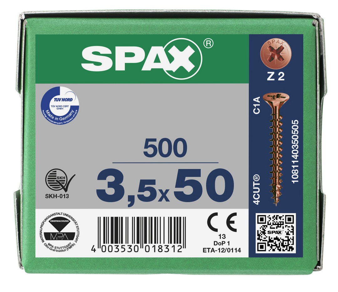 SPAX Tornillo universal, 3,5 x 50 mm, 500 unidades, Rosca completa, Cabeza plana, Ranura en cruz Z2, 4CUT, bronce