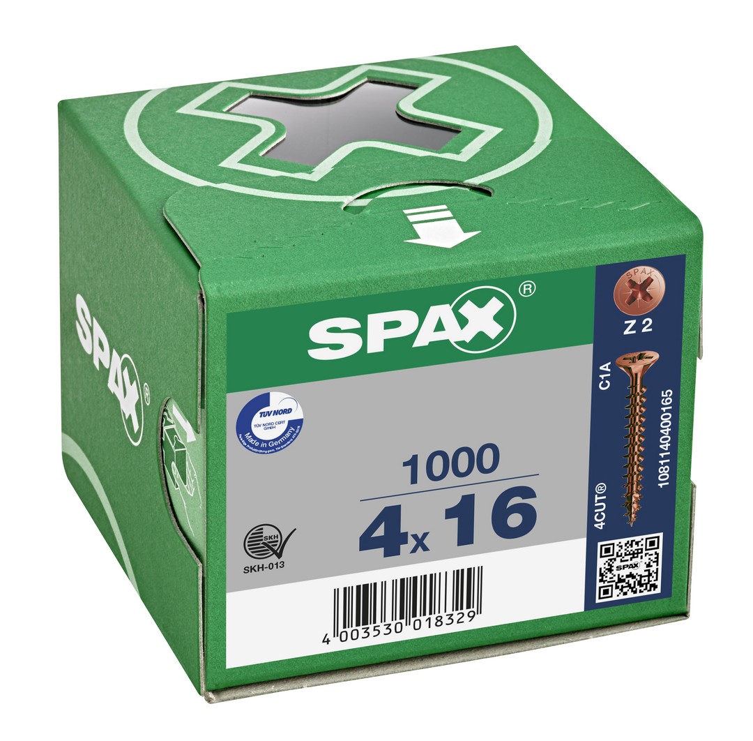 SPAX Tornillo universal, 4 x 16 mm, 1000 unidades, Rosca completa, Cabeza plana, Ranura en cruz Z2, 4CUT, bronce