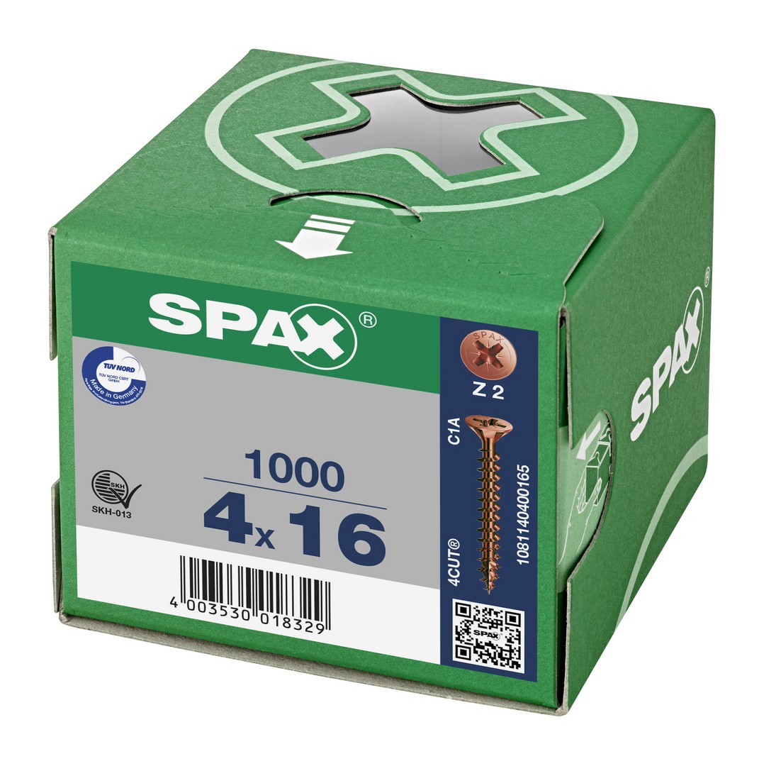 SPAX Tornillo universal, 4 x 16 mm, 1000 unidades, Rosca completa, Cabeza plana, Ranura en cruz Z2, 4CUT, bronce