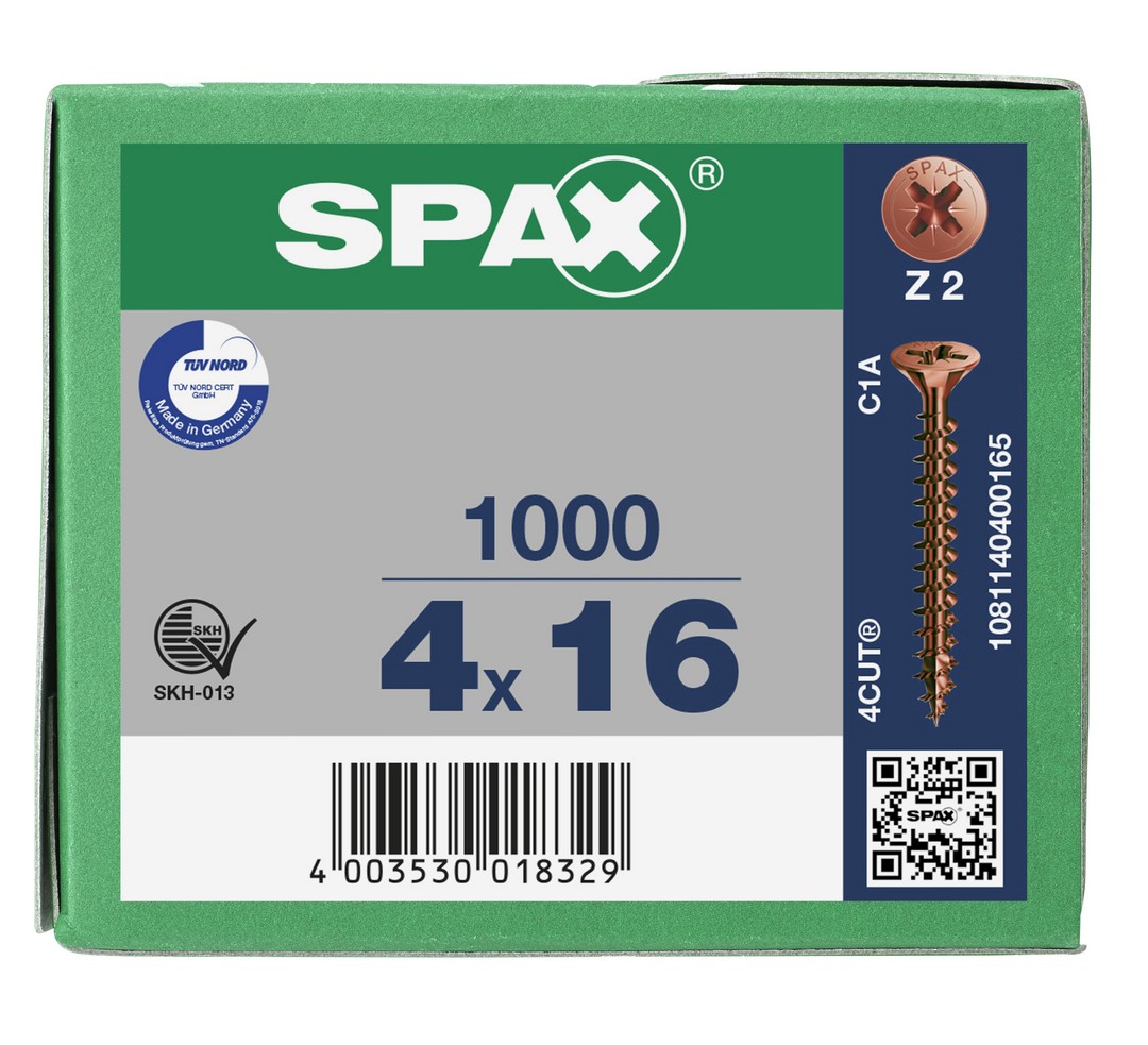 SPAX Tornillo universal, 4 x 16 mm, 1000 unidades, Rosca completa, Cabeza plana, Ranura en cruz Z2, 4CUT, bronce