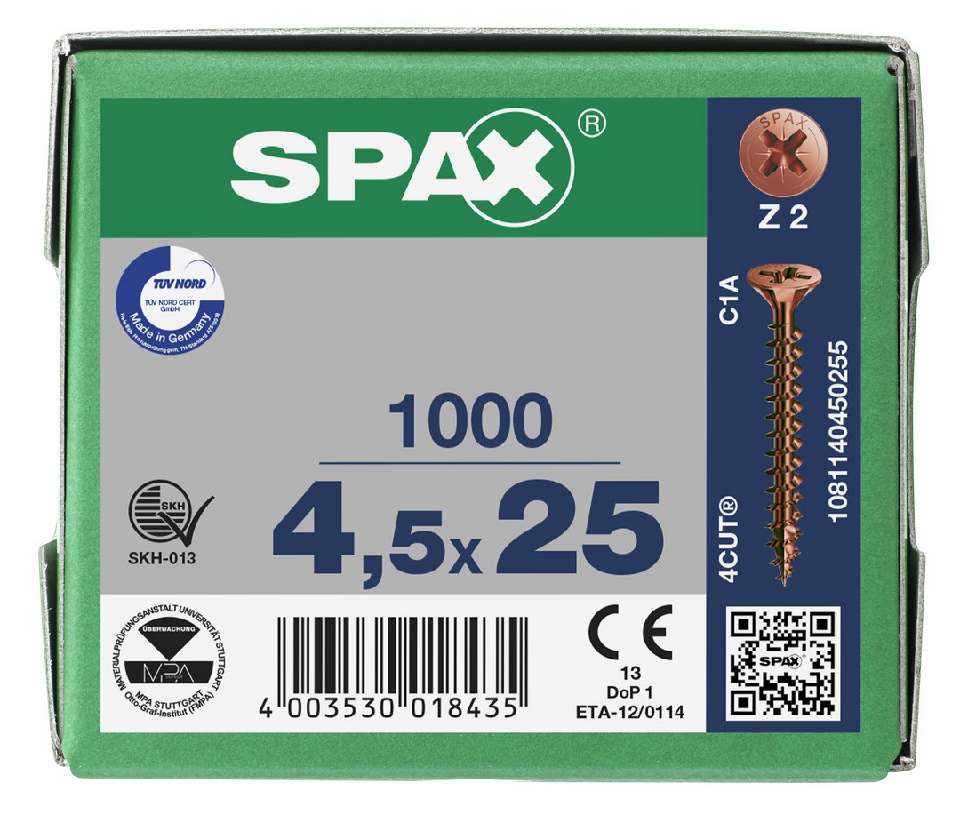 SPAX Tornillo universal, 4,5 x 25 mm, 1000 unidades, Rosca completa, Cabeza plana, Ranura en cruz Z2, 4CUT, bronce