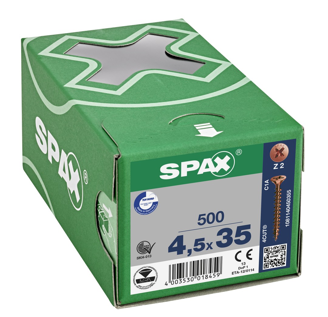 SPAX Tornillo universal, 4,5 x 35 mm, 500 unidades, Rosca completa, Cabeza plana, Ranura en cruz Z2, 4CUT, bronce