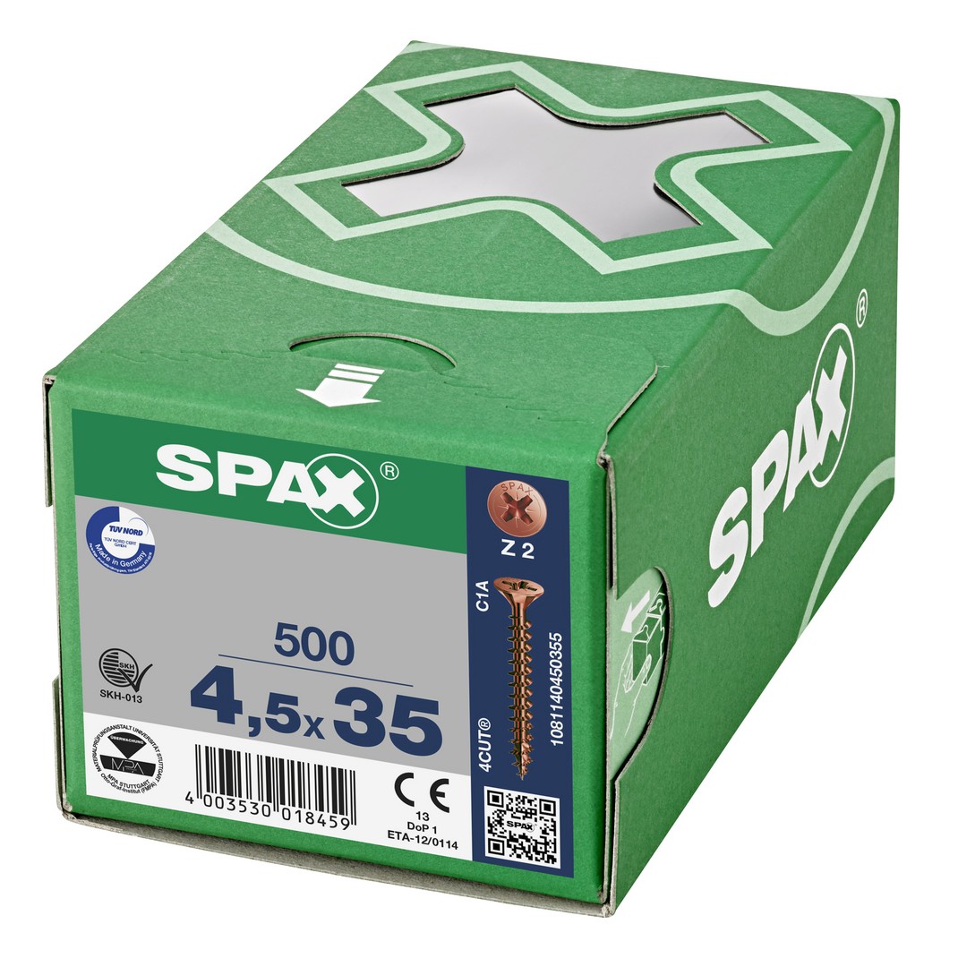 SPAX Tornillo universal, 4,5 x 35 mm, 500 unidades, Rosca completa, Cabeza plana, Ranura en cruz Z2, 4CUT, bronce