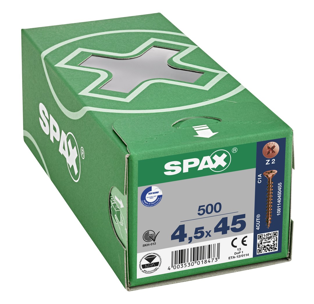SPAX Tornillo universal, 4,5 x 45 mm, 500 unidades, Rosca completa, Cabeza plana, Ranura en cruz Z2, 4CUT, bronce