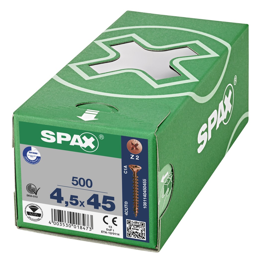 SPAX Tornillo universal, 4,5 x 45 mm, 500 unidades, Rosca completa, Cabeza plana, Ranura en cruz Z2, 4CUT, bronce