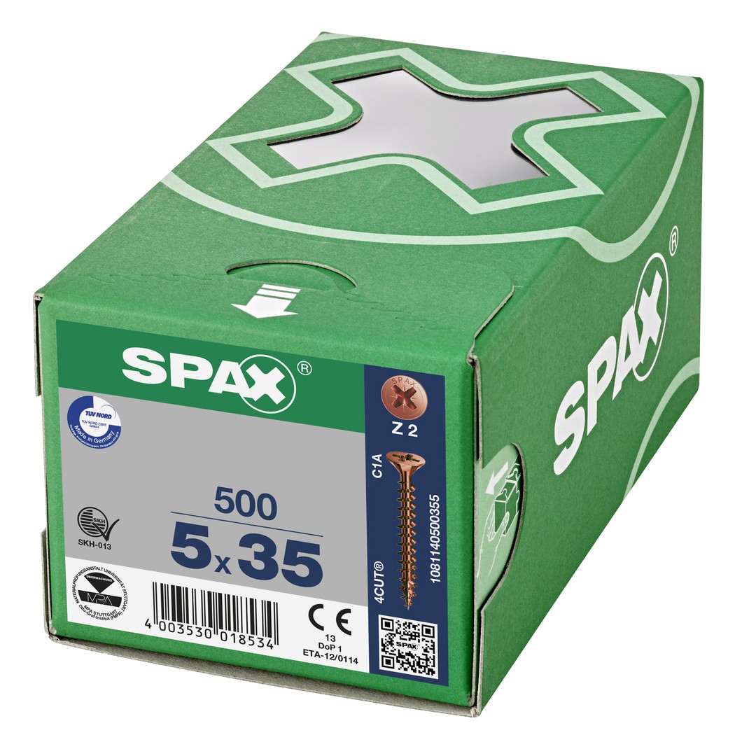 SPAX Tornillo universal, 5 x 35 mm, 500 unidades, Rosca completa, Cabeza plana, Ranura en cruz Z2, 4CUT, bronce