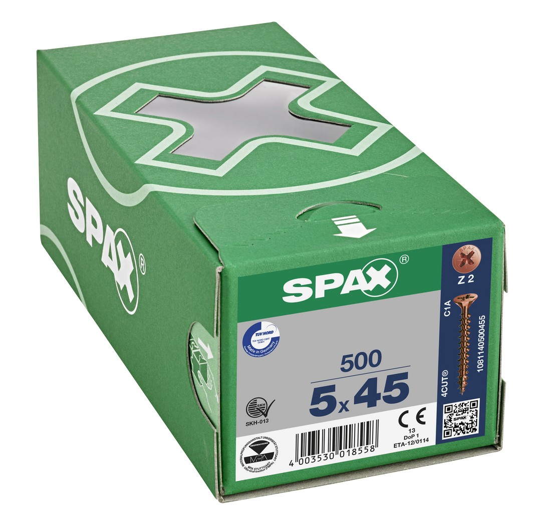 SPAX Tornillo universal, 5 x 45 mm, 500 unidades, Rosca completa, Cabeza plana, Ranura en cruz Z2, 4CUT, bronce