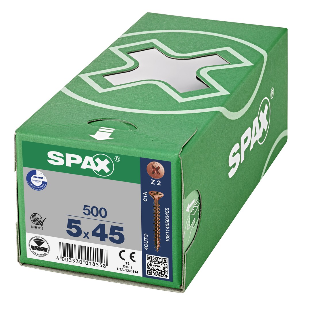 SPAX Tornillo universal, 5 x 45 mm, 500 unidades, Rosca completa, Cabeza plana, Ranura en cruz Z2, 4CUT, bronce