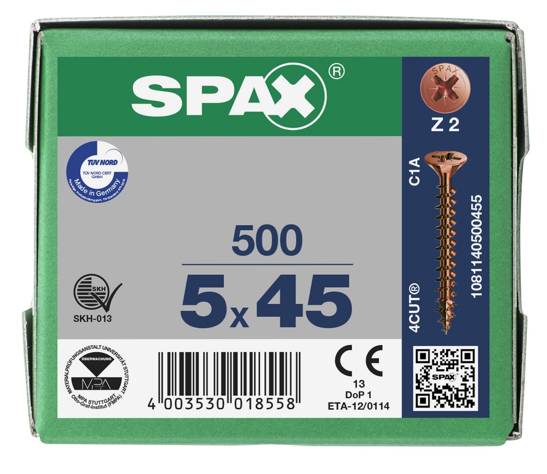 SPAX Tornillo universal, 5 x 45 mm, 500 unidades, Rosca completa, Cabeza plana, Ranura en cruz Z2, 4CUT, bronce