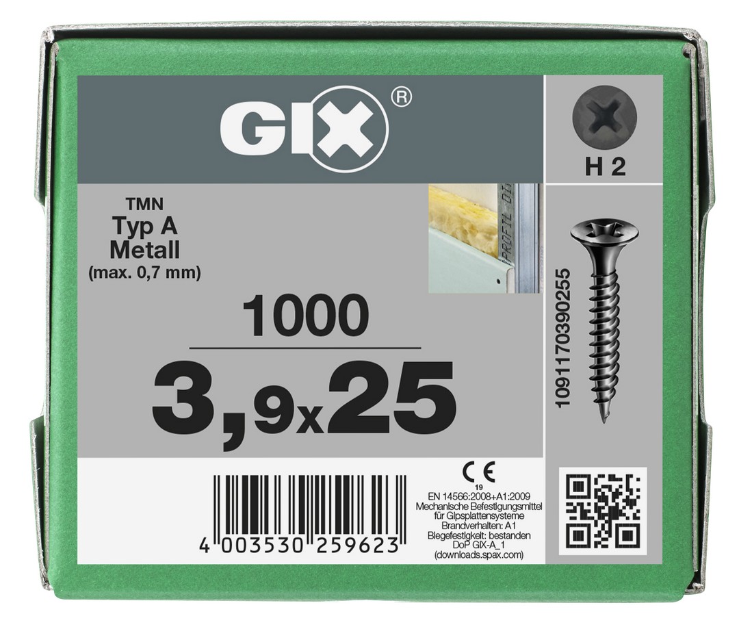 GIX A rosca fina, Rosca completa, Cabeza de trompeta, Ranura en cruz H, Punta de aguja, Fosfatado negro, 3.9 x 25 mm, 1000 uds (Caja Pro)