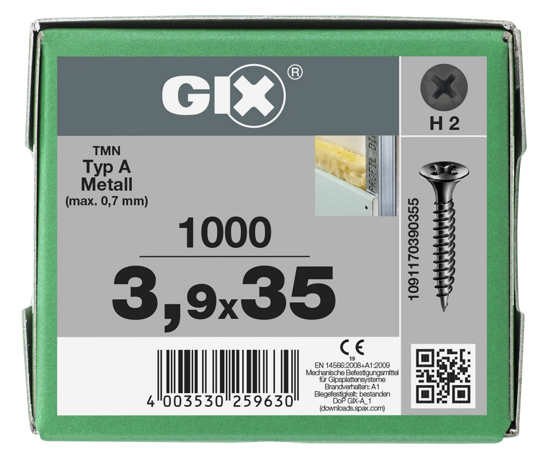 GIX A rosca fina, Rosca completa, Cabeza de trompeta, Ranura en cruz H, Punta de aguja, Fosfatado negro, 3.9 x 35 mm, 1000 uds (Caja Pro)