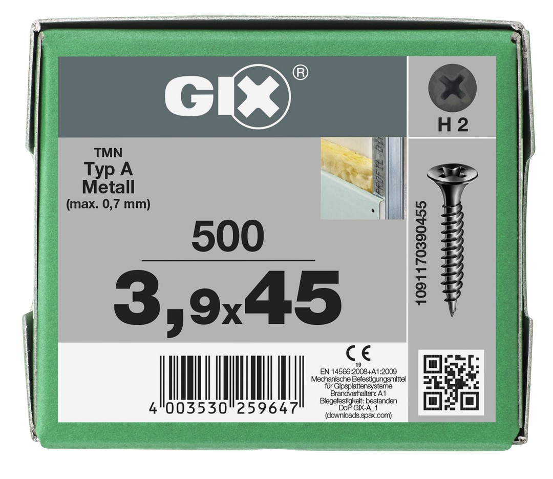GIX A rosca fina, Rosca completa, Cabeza de trompeta, Ranura en cruz H, Punta de aguja, Fosfatado negro, 3.9 x 45 mm, 500 uds (Caja Pro)