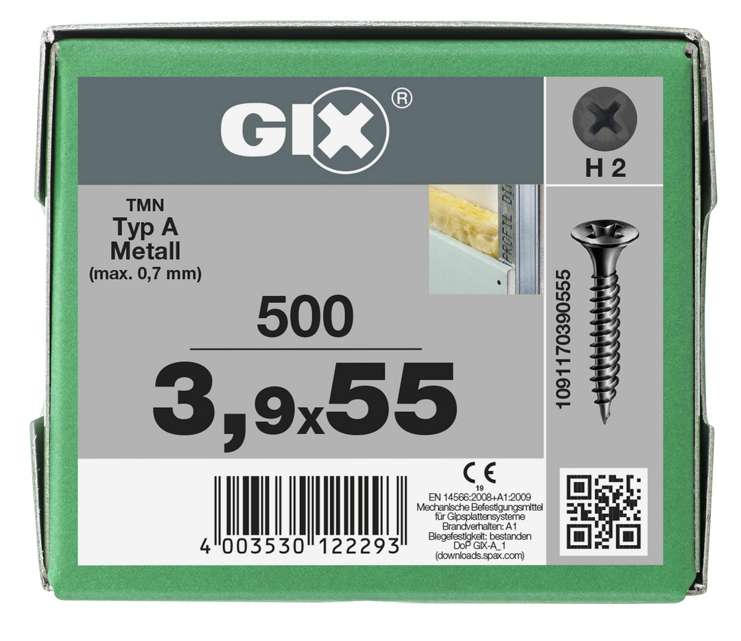 GIX A rosca fina, Rosca completa, Cabeza de trompeta, Ranura en cruz H, Punta de aguja, Fosfatado negro, 3.9 x 55 mm, 500 uds (Caja Pro)
