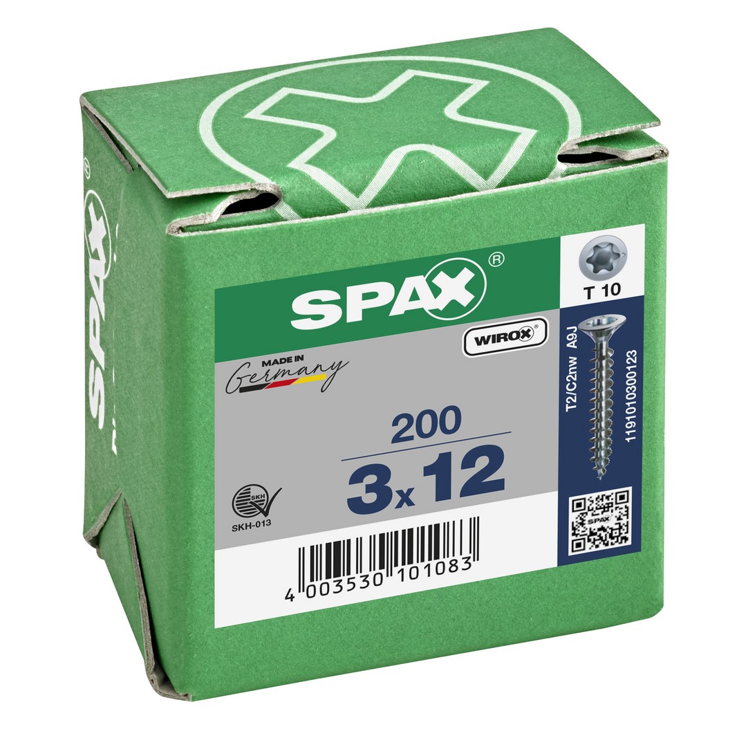 SPAX Tornillo universal, 3 x 12 mm, 200 unidades, Rosca completa, Cabeza plana, T-STAR plus T10, Punta S, WIROX