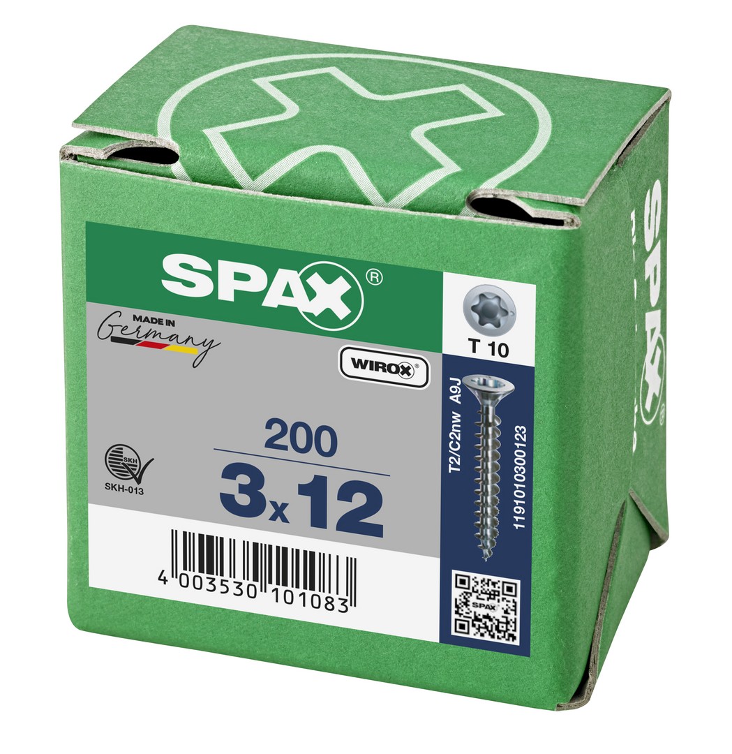 SPAX Tornillo universal, 3 x 12 mm, 200 unidades, Rosca completa, Cabeza plana, T-STAR plus T10, Punta S, WIROX