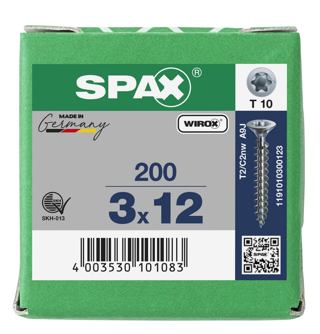 SPAX Tornillo universal, 3 x 12 mm, 200 unidades, Rosca completa, Cabeza plana, T-STAR plus T10, Punta S, WIROX
