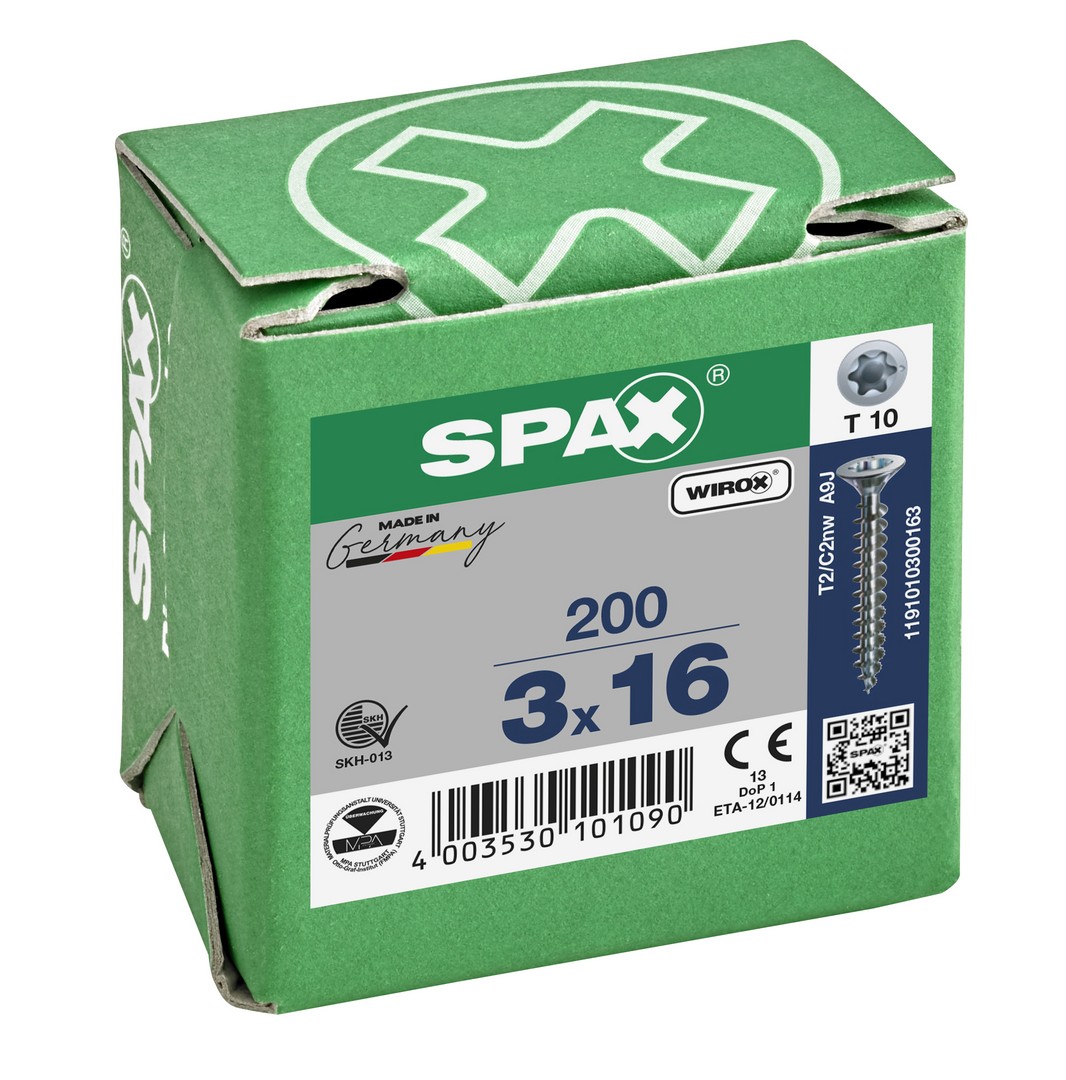 SPAX Tornillo universal, 3 x 16 mm, 200 unidades, Rosca completa, Cabeza plana, T-STAR plus T10, Punta S, WIROX