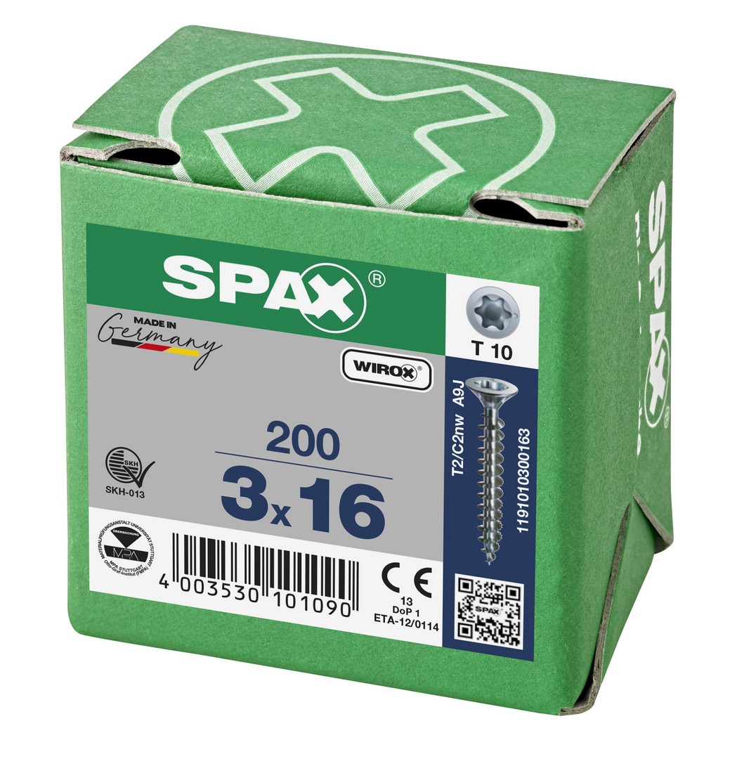 SPAX Tornillo universal, 3 x 16 mm, 200 unidades, Rosca completa, Cabeza plana, T-STAR plus T10, Punta S, WIROX
