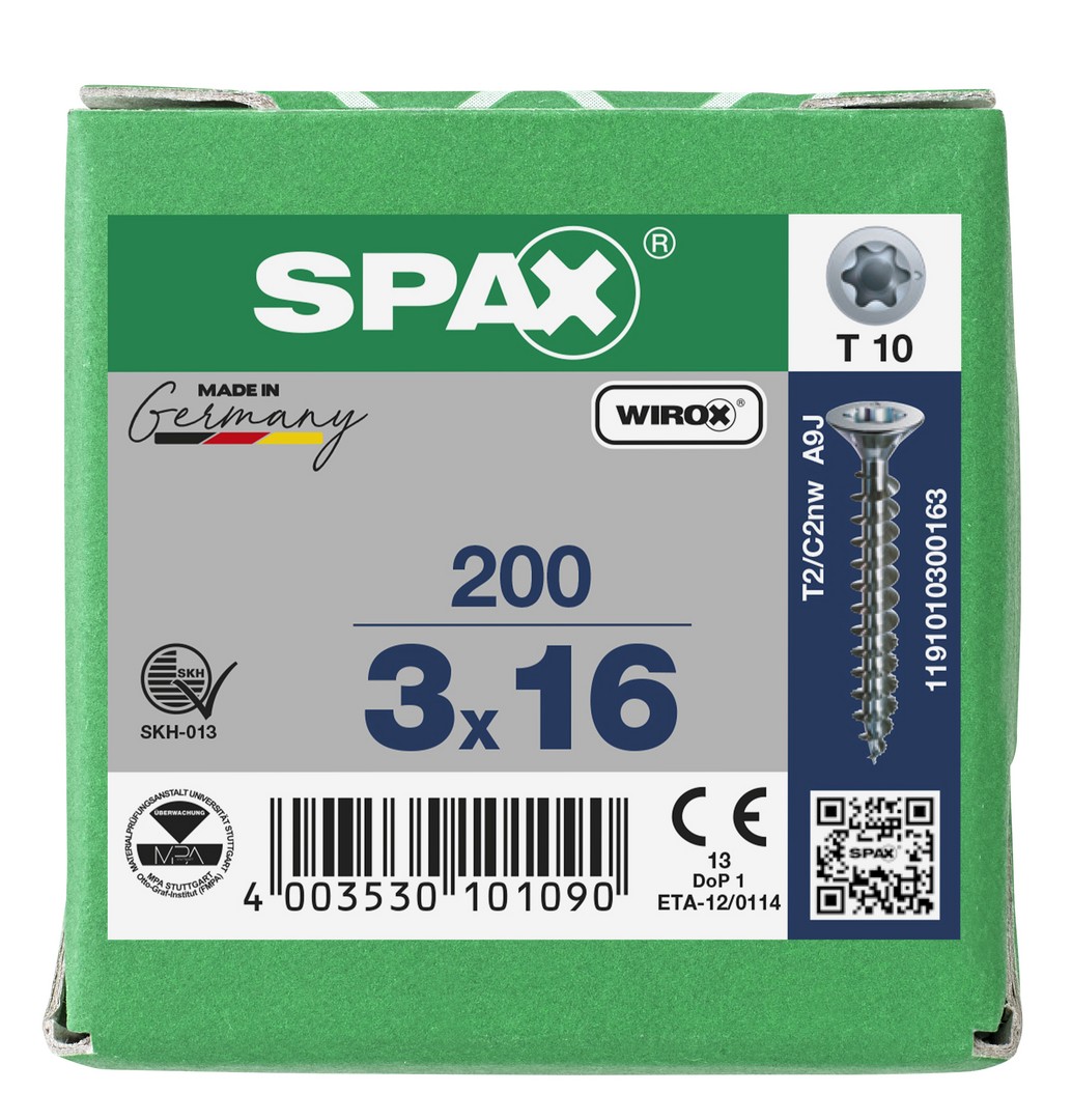 SPAX Tornillo universal, 3 x 16 mm, 200 unidades, Rosca completa, Cabeza plana, T-STAR plus T10, Punta S, WIROX