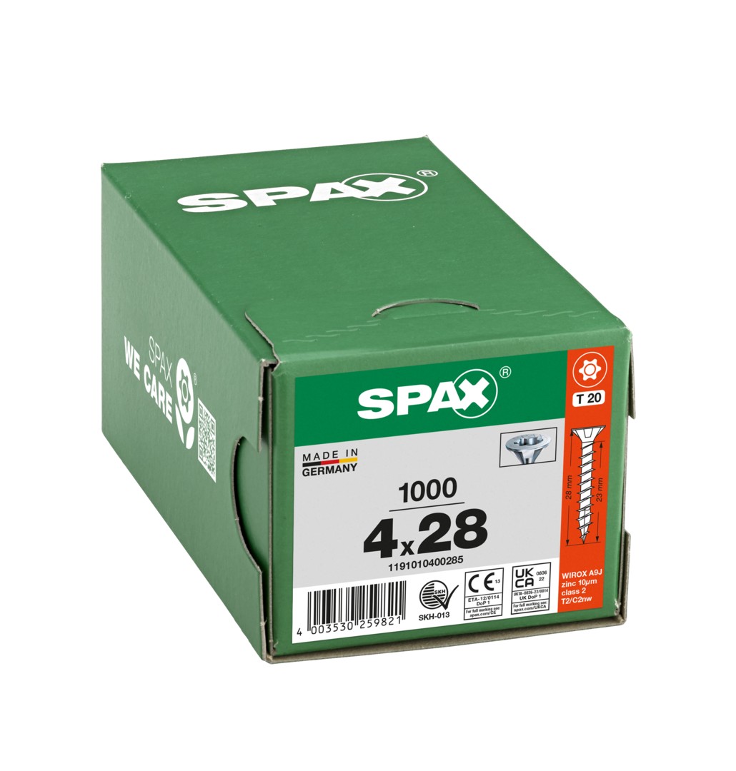 SPAX Tornillo universal, 4 x 28 mm, 1000 piezas, totalmente roscado, cabeza avellanada, T-STAR plus T20, 4CUT, WIROX