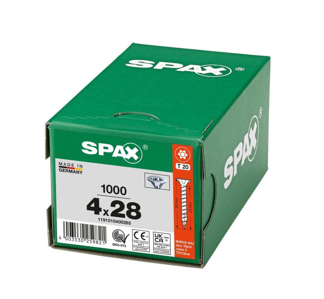 SPAX Tornillo universal, 4 x 28 mm, 1000 piezas, totalmente roscado, cabeza avellanada, T-STAR plus T20, 4CUT, WIROX