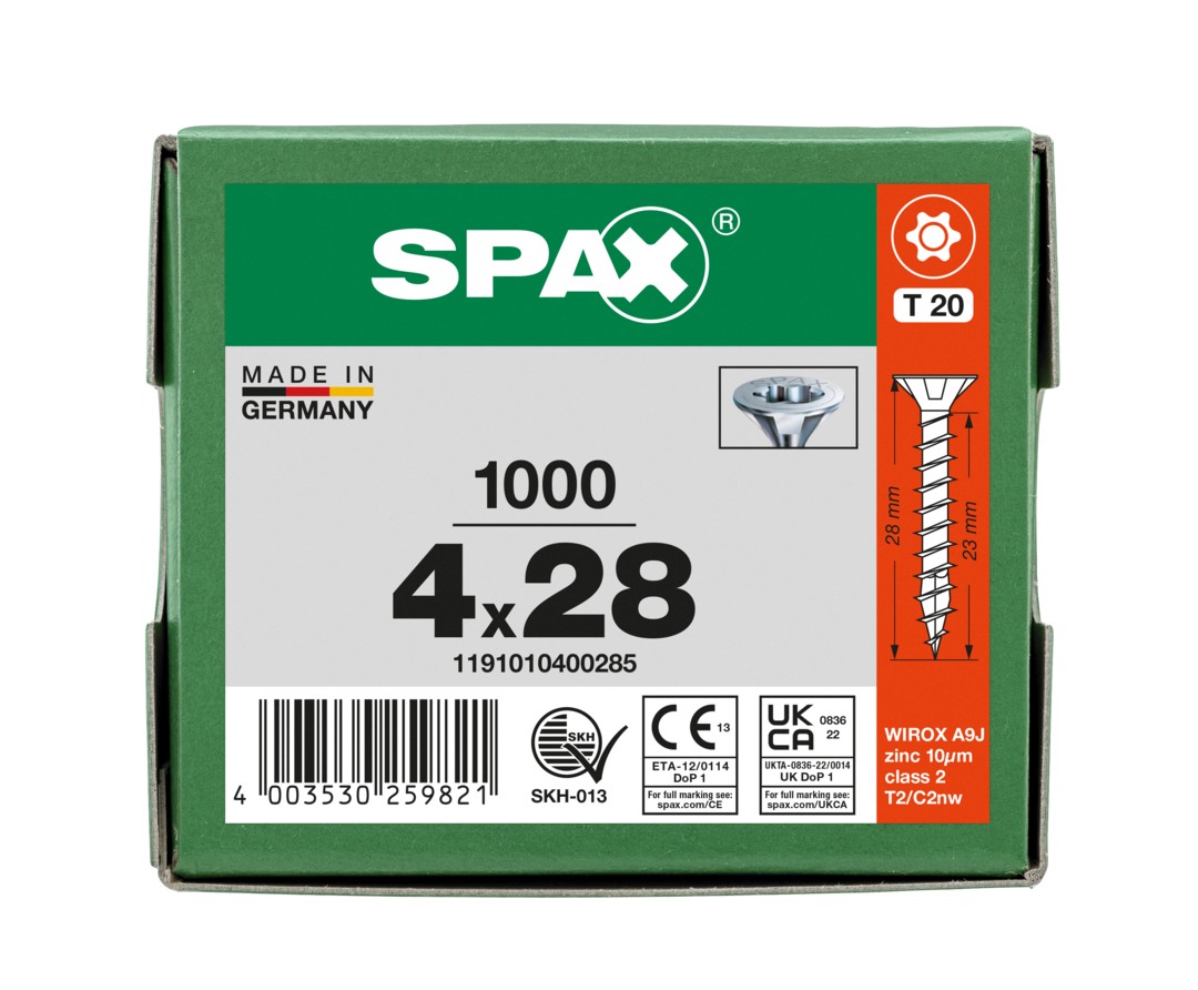 SPAX Tornillo universal, 4 x 28 mm, 1000 piezas, totalmente roscado, cabeza avellanada, T-STAR plus T20, 4CUT, WIROX
