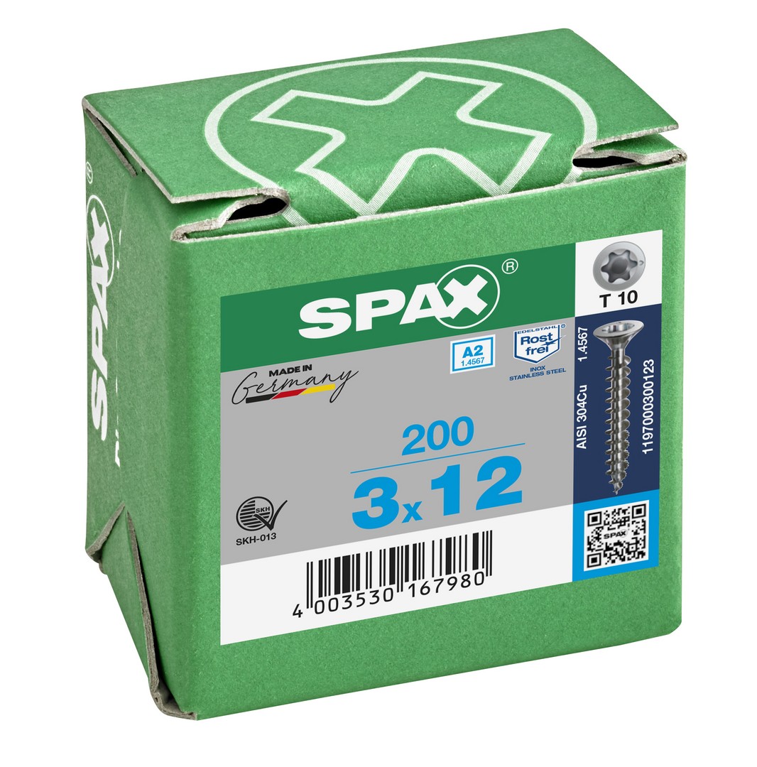 SPAX Tornillo de acero inoxidable, 3 x 12 mm, 200 unidades, Rosca completa, Cabeza plana, T-STAR plus T10, Punta S, Acero inoxidable A2