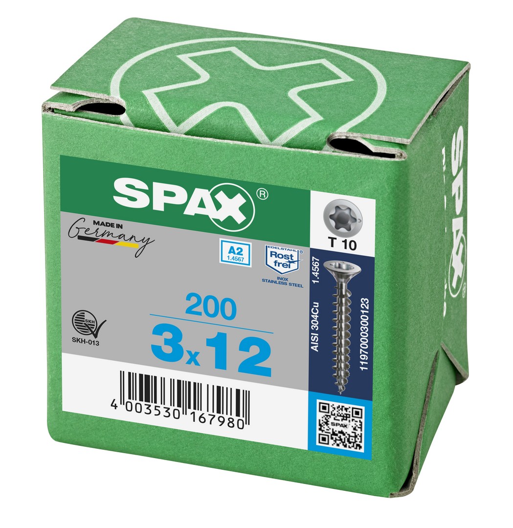 SPAX Tornillo de acero inoxidable, 3 x 12 mm, 200 unidades, Rosca completa, Cabeza plana, T-STAR plus T10, Punta S, Acero inoxidable A2