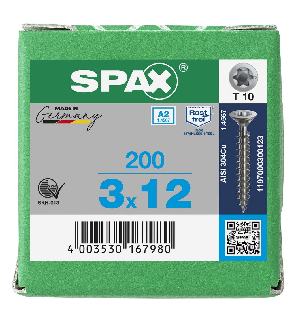 SPAX Tornillo de acero inoxidable, 3 x 12 mm, 200 unidades, Rosca completa, Cabeza plana, T-STAR plus T10, Punta S, Acero inoxidable A2