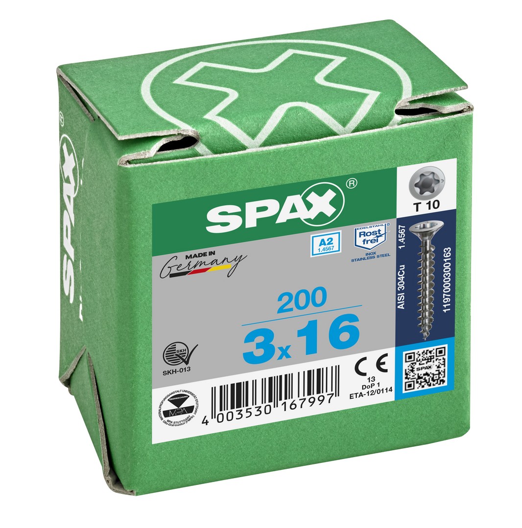 SPAX Tornillo de acero inoxidable, 3 x 16 mm, 200 unidades, Rosca completa, Cabeza plana, T-STAR plus T10, Punta S, Acero inoxidable A2