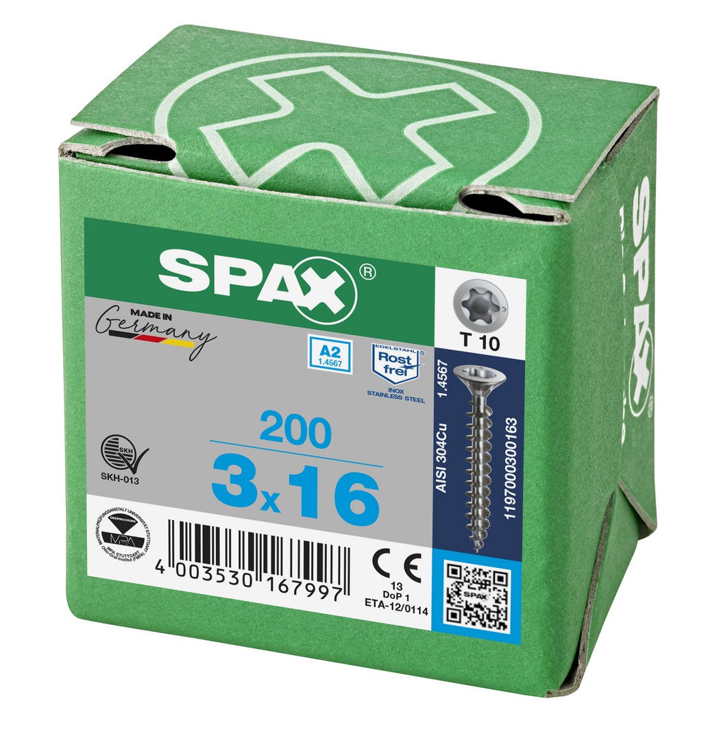 SPAX Tornillo de acero inoxidable, 3 x 16 mm, 200 unidades, Rosca completa, Cabeza plana, T-STAR plus T10, Punta S, Acero inoxidable A2