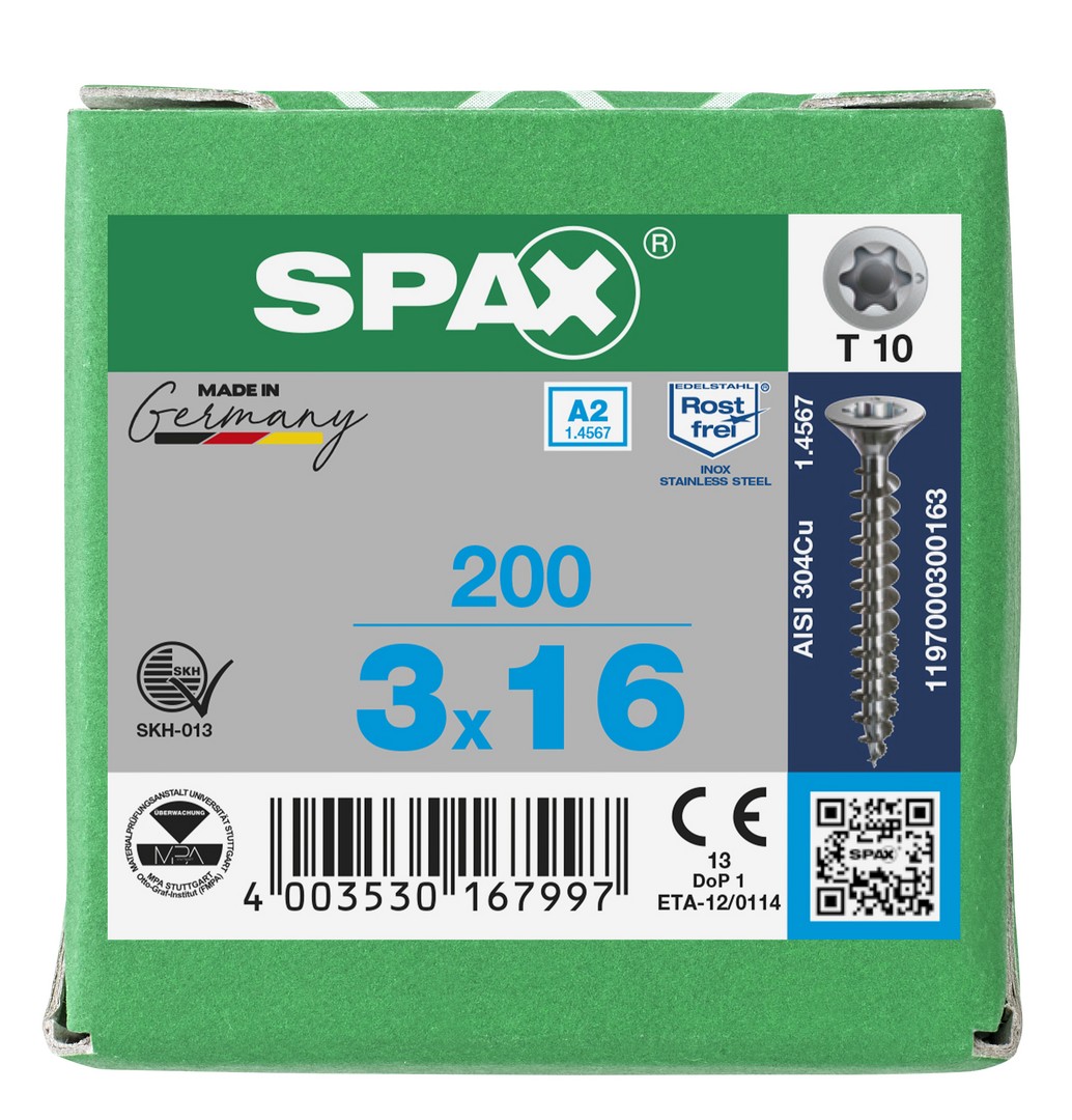 SPAX Tornillo de acero inoxidable, 3 x 16 mm, 200 unidades, Rosca completa, Cabeza plana, T-STAR plus T10, Punta S, Acero inoxidable A2