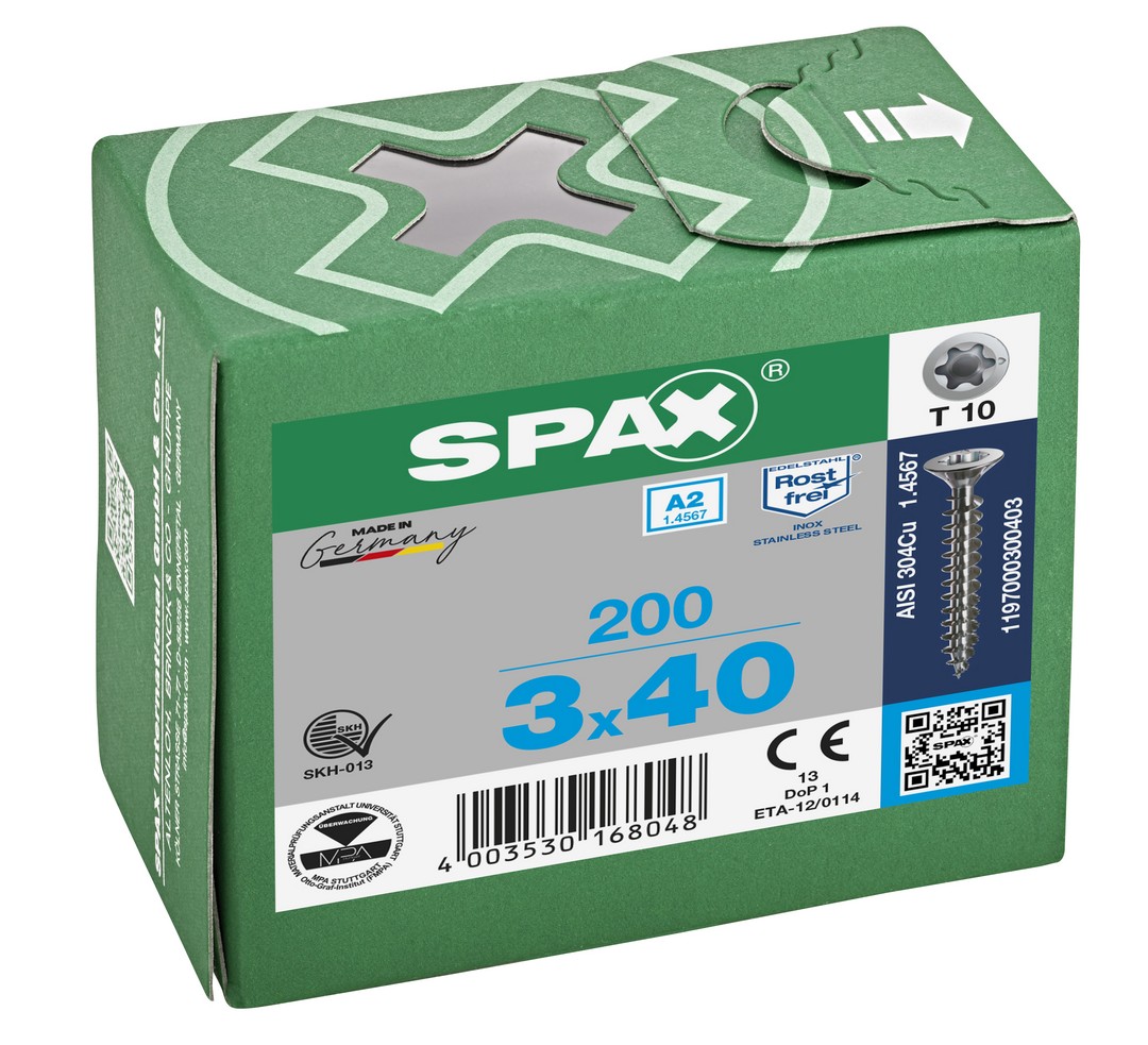 SPAX Tornillo de acero inoxidable, 3 x 40 mm, 200 unidades, Rosca completa, Cabeza plana, T-STAR plus T10, Punta S, Acero inoxidable A2