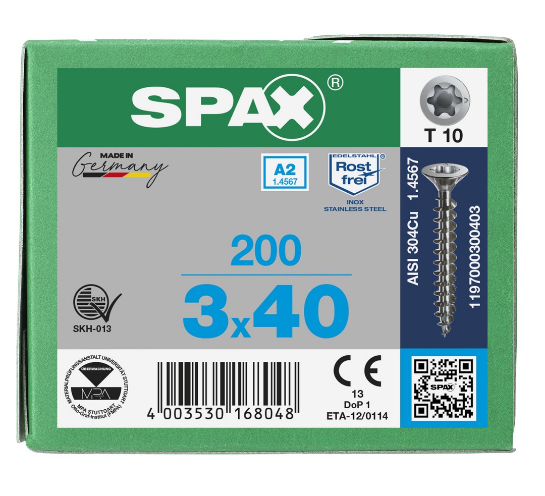 SPAX Tornillo de acero inoxidable, 3 x 40 mm, 200 unidades, Rosca completa, Cabeza plana, T-STAR plus T10, Punta S, Acero inoxidable A2