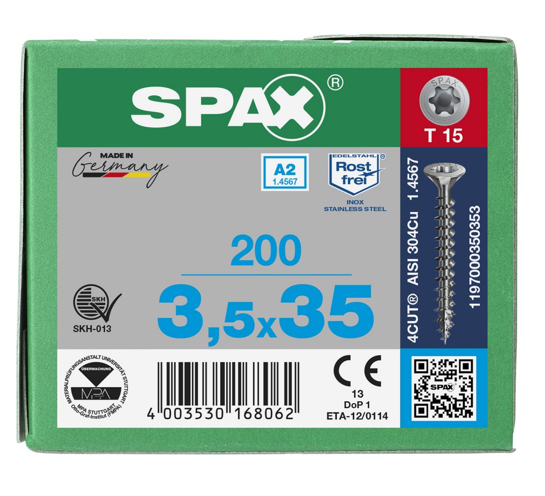 SPAX Tornillo de acero inoxidable, 3,5 x 35 mm, 200 unidades, Rosca completa, Cabeza plana, T-STAR plus T15, 4CUT, Acero inoxidable A2