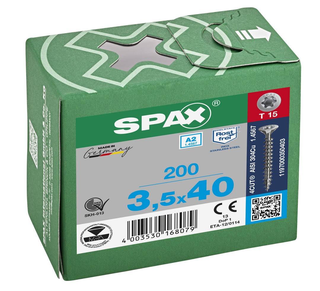 SPAX Tornillo de acero inoxidable, 3,5 x 40 mm, 200 unidades, Rosca completa, Cabeza plana, T-STAR plus T15, 4CUT, Acero inoxidable A2