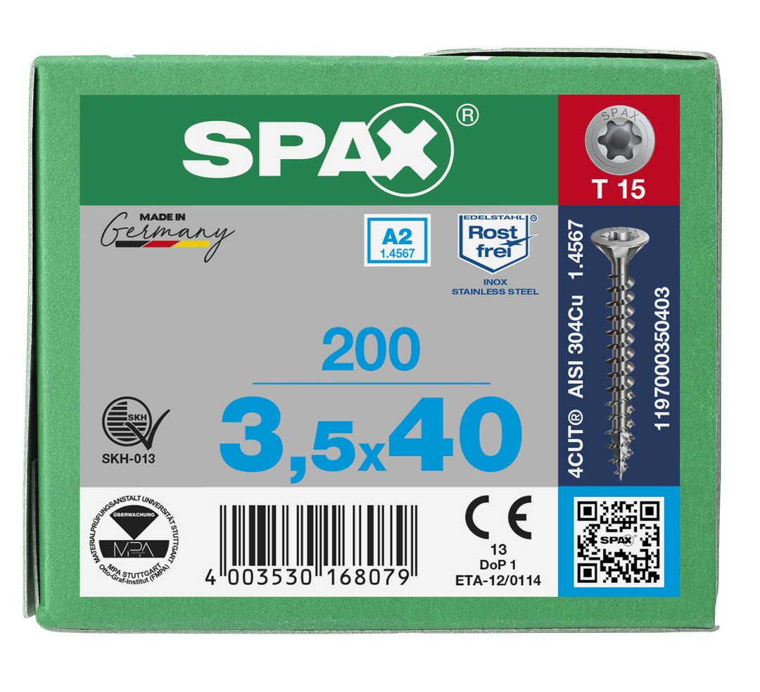 SPAX Tornillo de acero inoxidable, 3,5 x 40 mm, 200 unidades, Rosca completa, Cabeza plana, T-STAR plus T15, 4CUT, Acero inoxidable A2