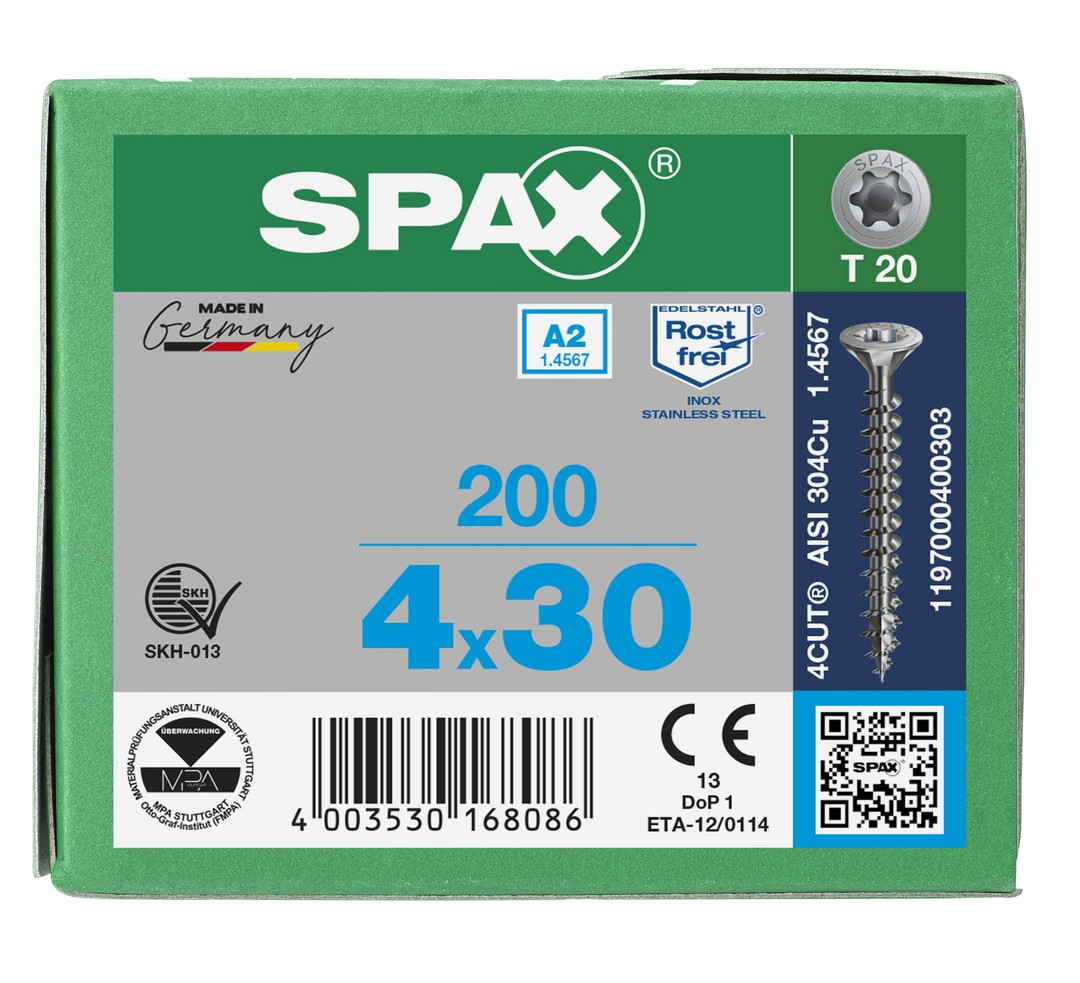 SPAX Tornillo de acero inoxidable, 4 x 30 mm, 200 unidades, Rosca completa, Cabeza plana, T-STAR plus T20, 4CUT, Acero inoxidable A2