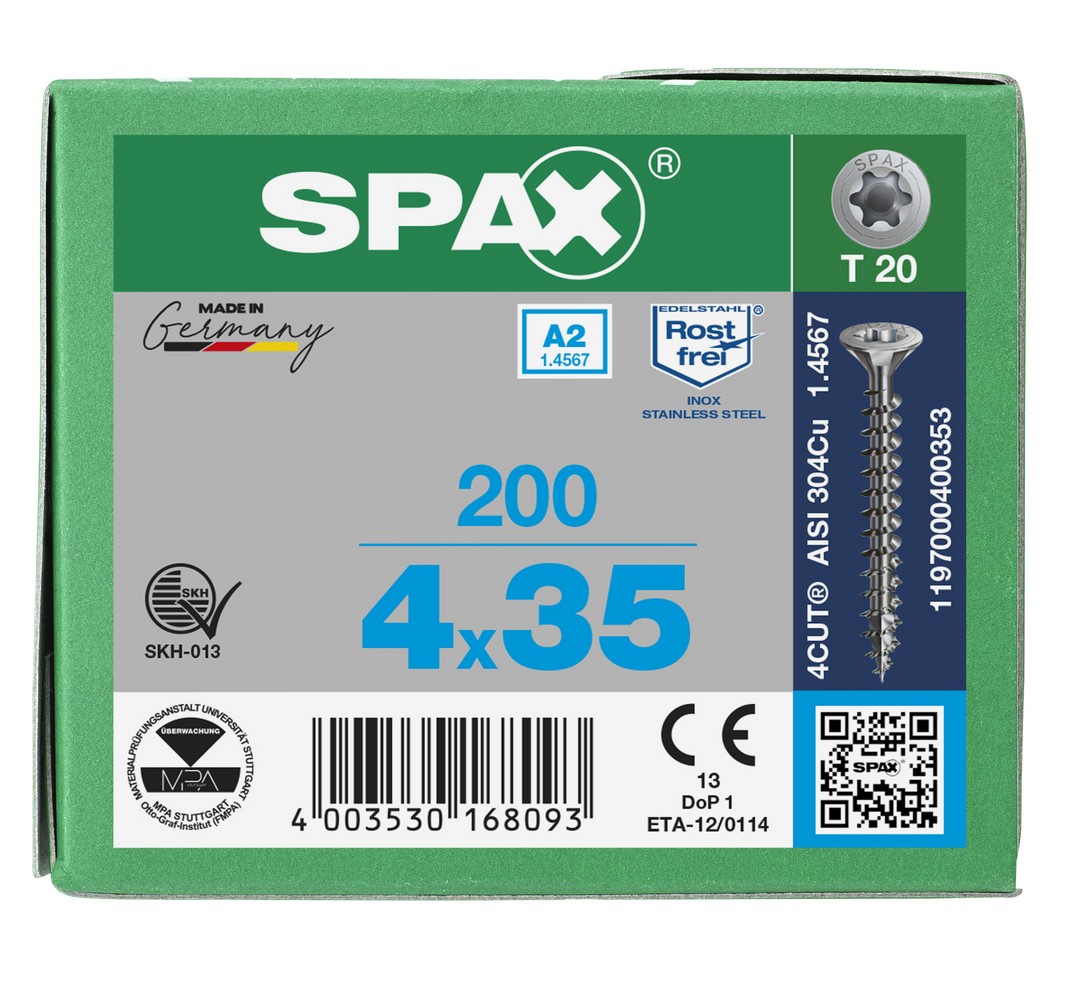 SPAX Tornillo de acero inoxidable, 4 x 35 mm, 200 unidades, Rosca completa, Cabeza plana, T-STAR plus T20, 4CUT, Acero inoxidable A2