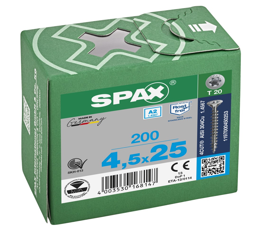 SPAX Tornillo de acero inoxidable, 4,5 x 25 mm, 200 unidades, Rosca completa, Cabeza plana, T-STAR plus T20, 4CUT, Acero inoxidable A2