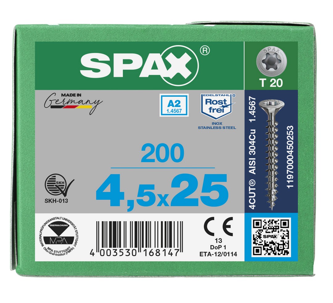 SPAX Tornillo de acero inoxidable, 4,5 x 25 mm, 200 unidades, Rosca completa, Cabeza plana, T-STAR plus T20, 4CUT, Acero inoxidable A2