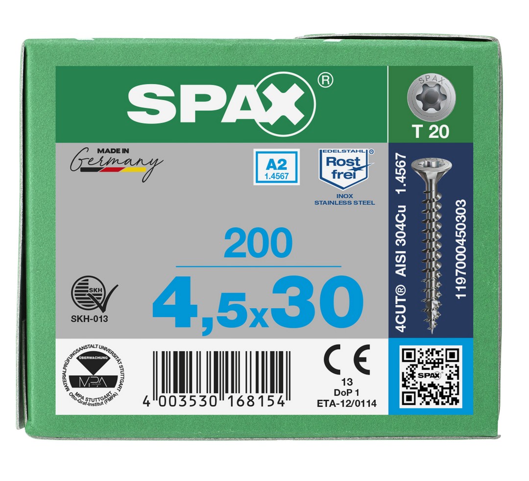 SPAX Tornillo de acero inoxidable, 4,5 x 30 mm, 200 unidades, Rosca completa, Cabeza plana, T-STAR plus T20, 4CUT, Acero inoxidable A2