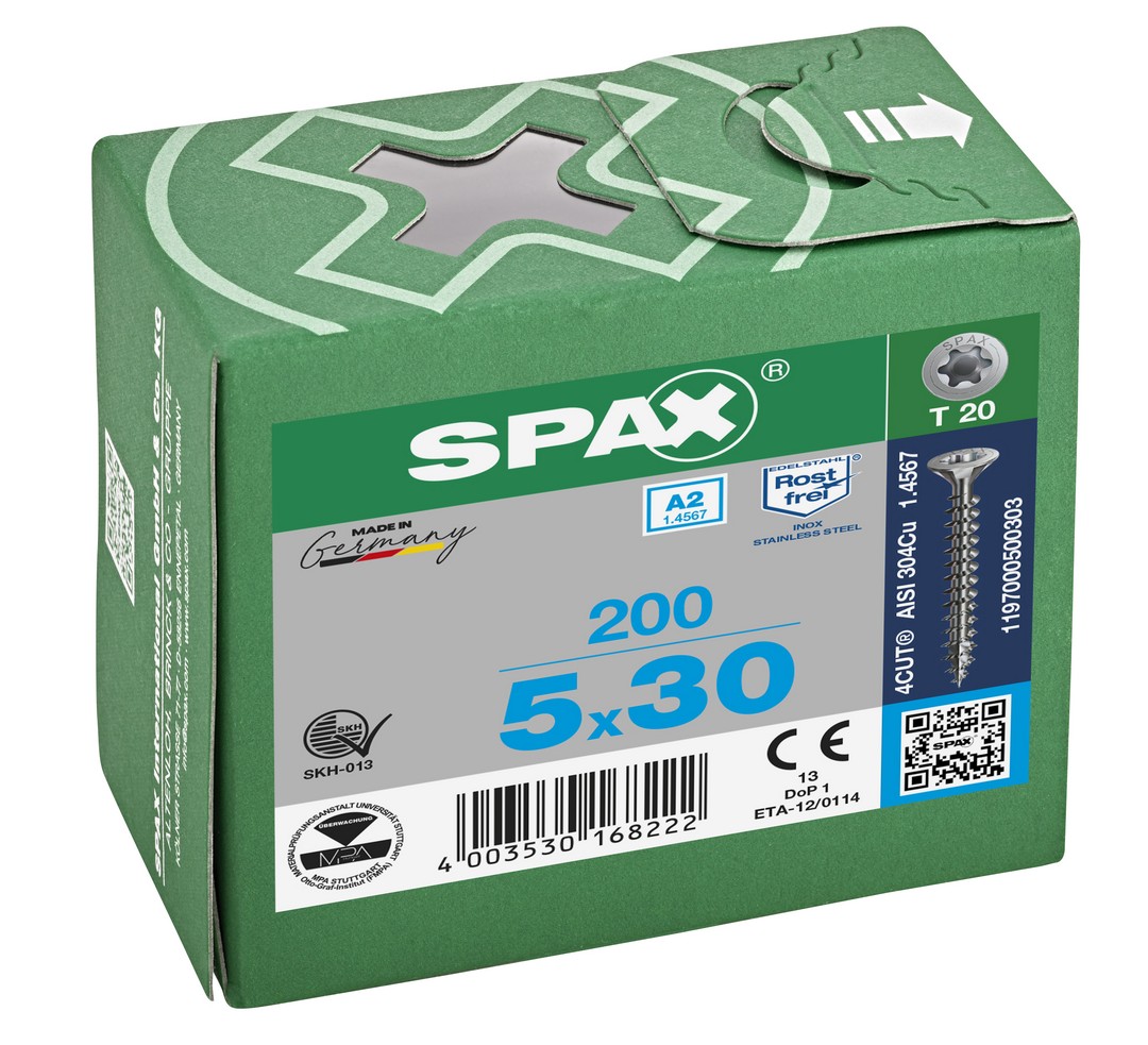 SPAX Tornillo de acero inoxidable, 5 x 30 mm, 200 unidades, Rosca completa, Cabeza plana, T-STAR plus T20, 4CUT, Acero inoxidable A2