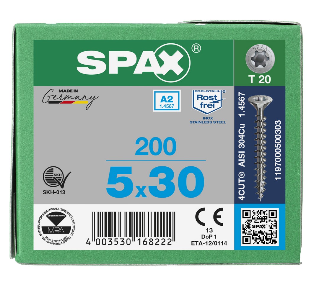 SPAX Tornillo de acero inoxidable, 5 x 30 mm, 200 unidades, Rosca completa, Cabeza plana, T-STAR plus T20, 4CUT, Acero inoxidable A2