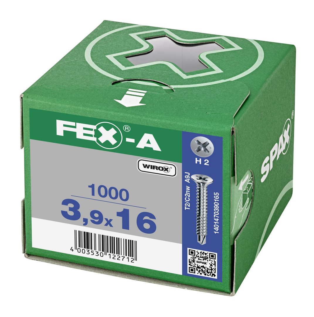 FEX-A, 3,9 x 16 mm, 1000 unidades, Rosca gruesa, Cabeza plana, Ranura en cruz H2, Punta perforadora, Titanio plateado