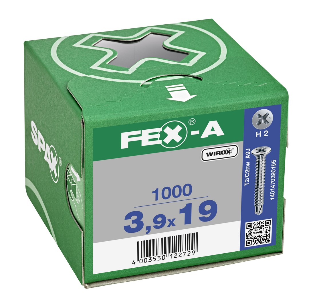 FEX-A, 3,9 x 19 mm, 1000 unidades, Rosca gruesa, Cabeza plana, Ranura en cruz H2, Punta perforadora, Titanio plateado